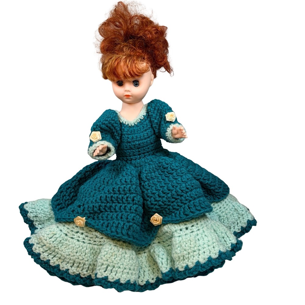 VTG 1988 Handmade Crochet Doll Red Hair Teal Blue Ball Gown Bed Doll Nostalgic